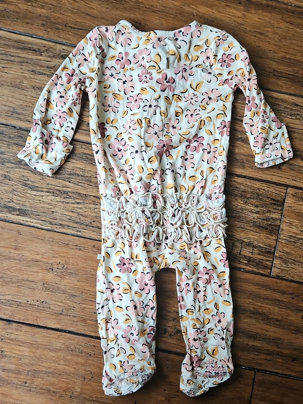 Caden Lane Cream Floral Ruffle Zip Footie in Pink & Yellow 0-3 Months